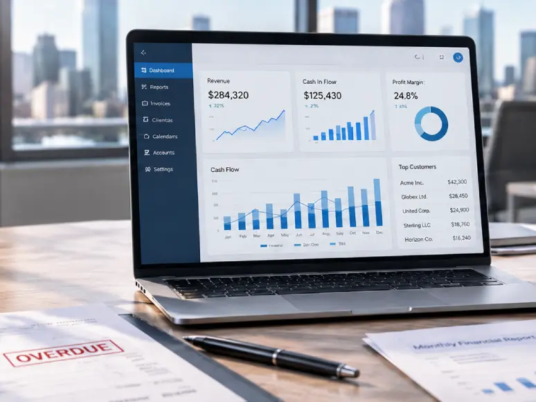 Laptop showing cash flow charts beside an overdue invoice