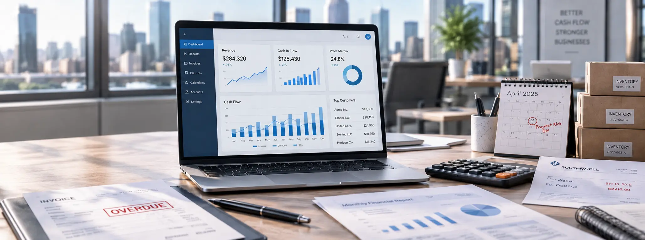 Cash flow dashboard with invoices, calculator, calendar, and inventory boxes